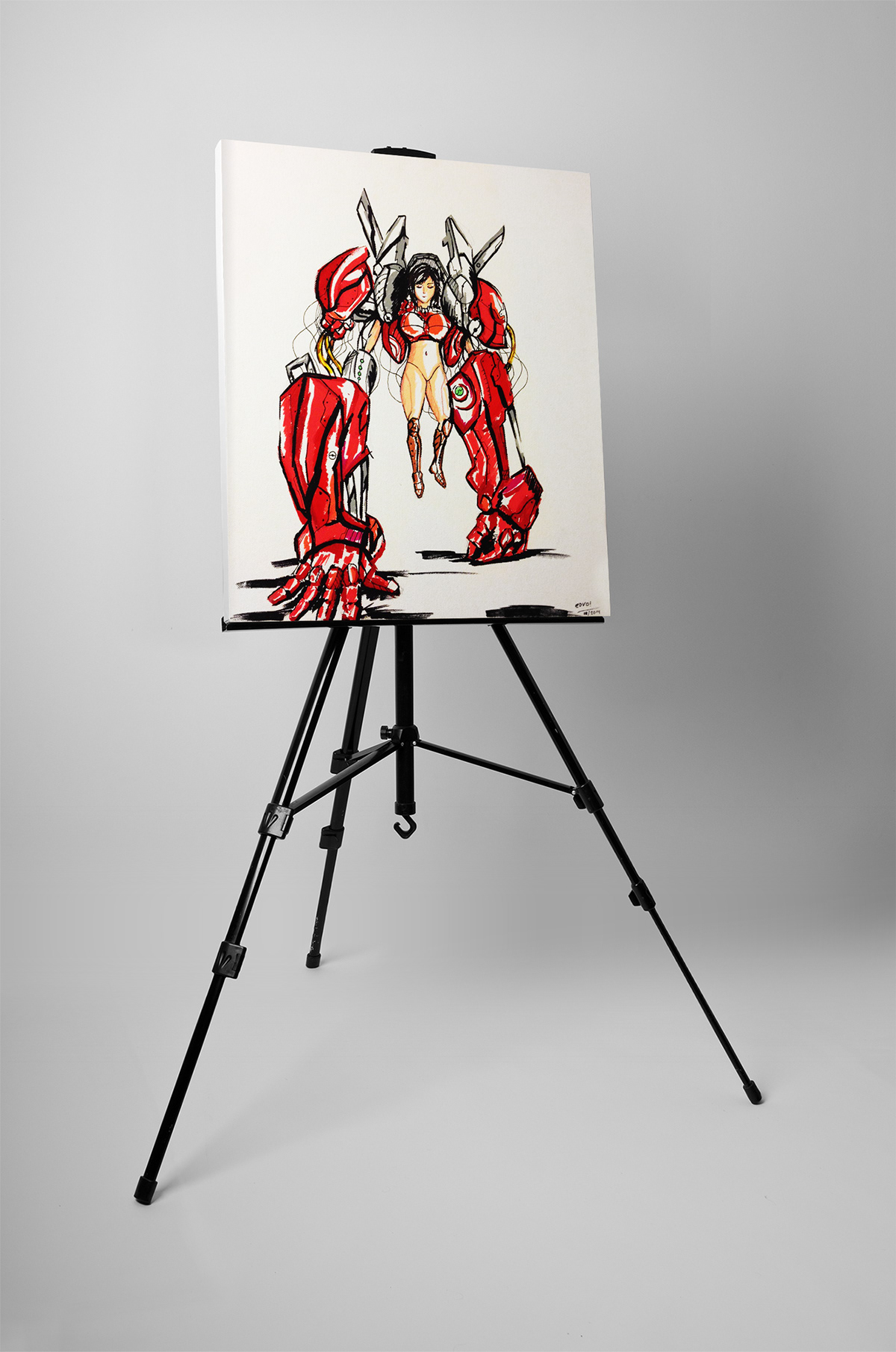 robot mecha girl skecth canvas artwork Cyborg arm monkey hand sharpie Posca Armor suit red