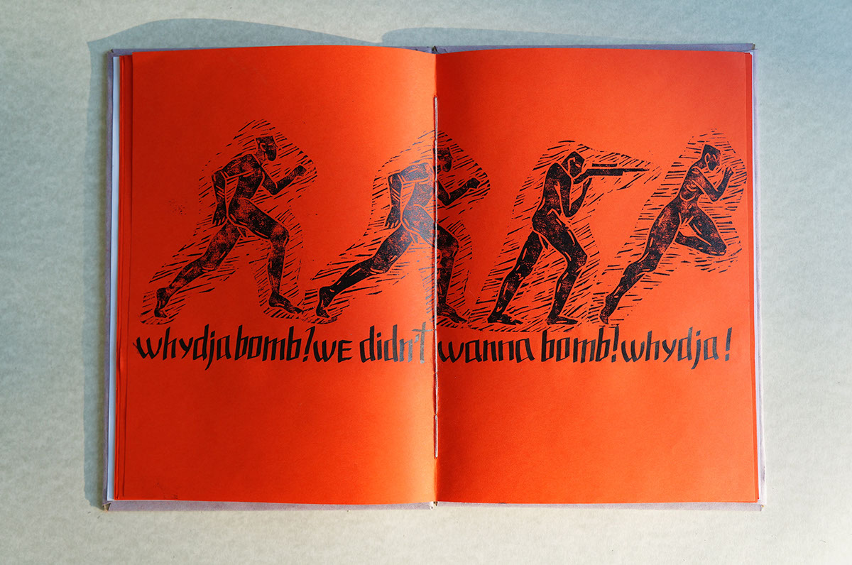 linocut printmaking Zine  book poem handwritten stamps Beatniks bomb