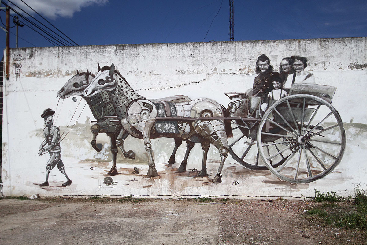 pixel PANCHO wall smoke family horses cart