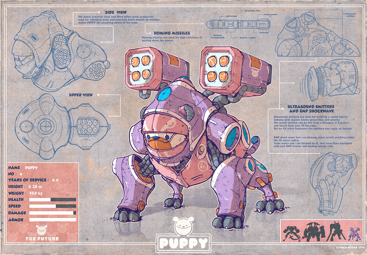 Teddy kitty puppy bunny robots cosmin podar mechs Elite team line art lines art blueprints