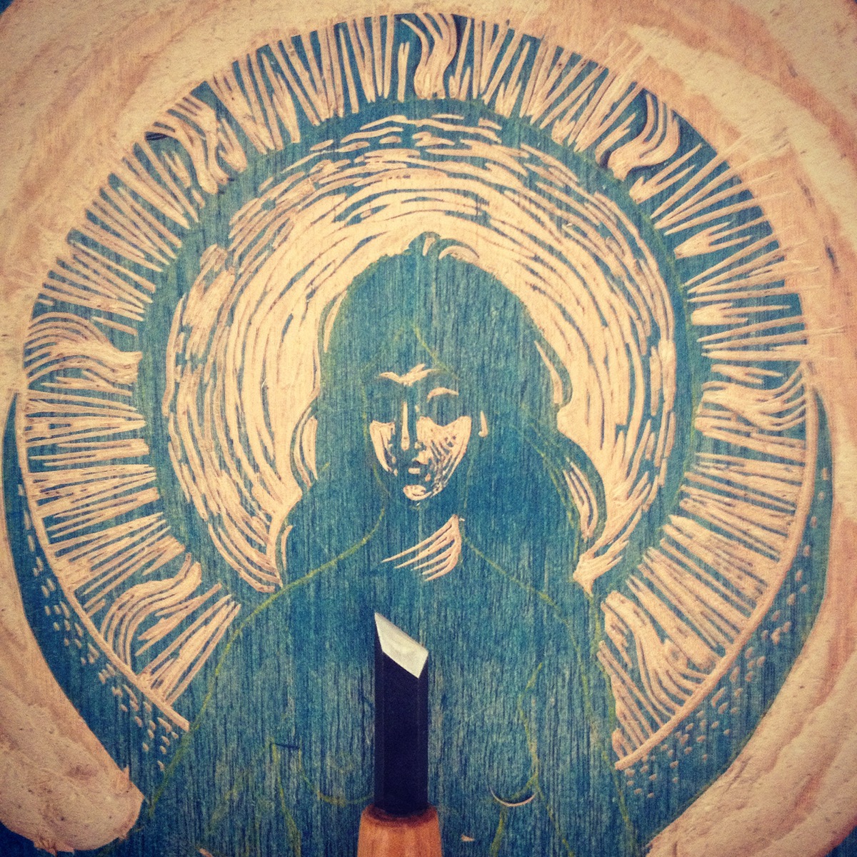 woodcut woodblock engraving printmaking cover vinyl Sun moon mountain Byzantine
