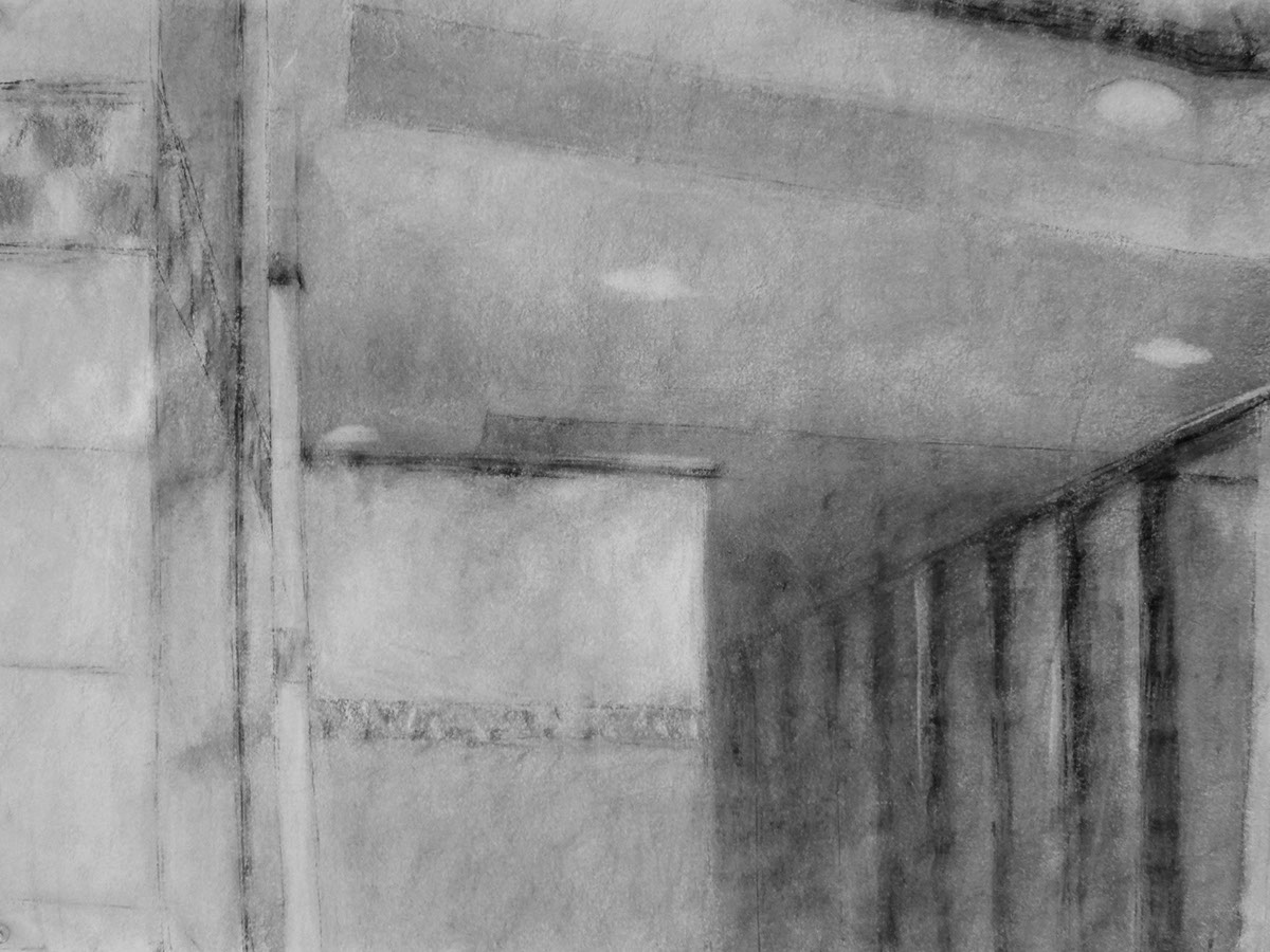 conte crayon  conte black white  observation  Representational  mood  Restroom  bathroom  space  interior  repetition   plumbing  industry
