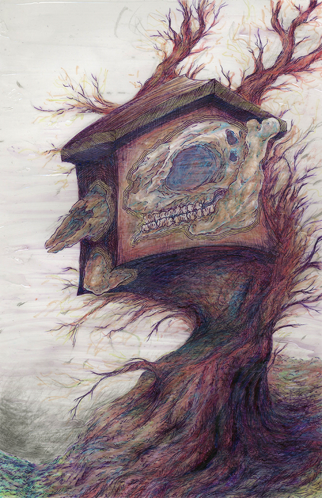 Birdhouse surrealism deer skull animal skull Tree  Treehouse massart illustration 2015 color