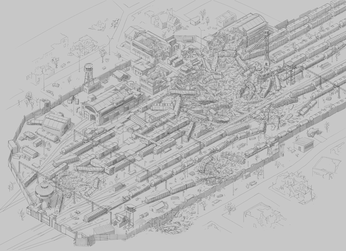 exiled wrocław opole trains postnuclear poland concept ruins Destroyed buildings city War Isometric sketch