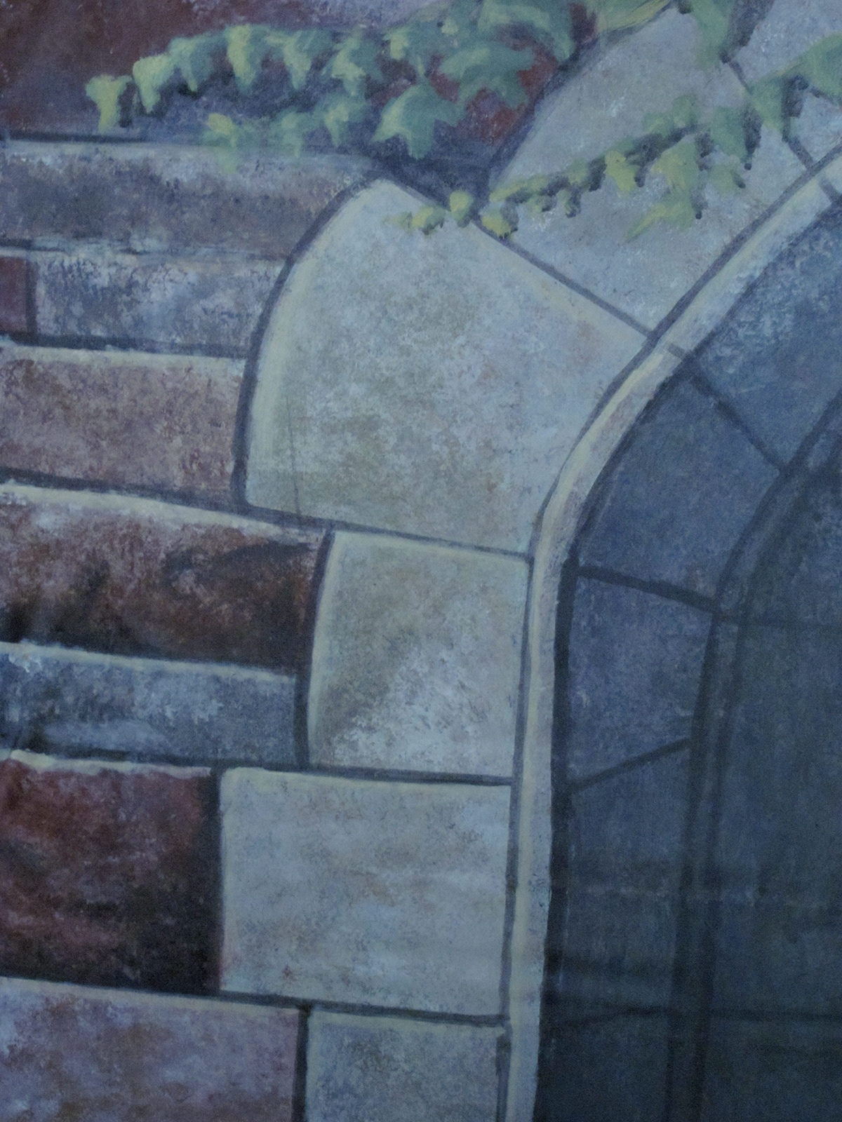 Trompe L'oeil Fountian Scenic Painting scenery brick stone Alcove Birdbath ivy acrylic Surfaces