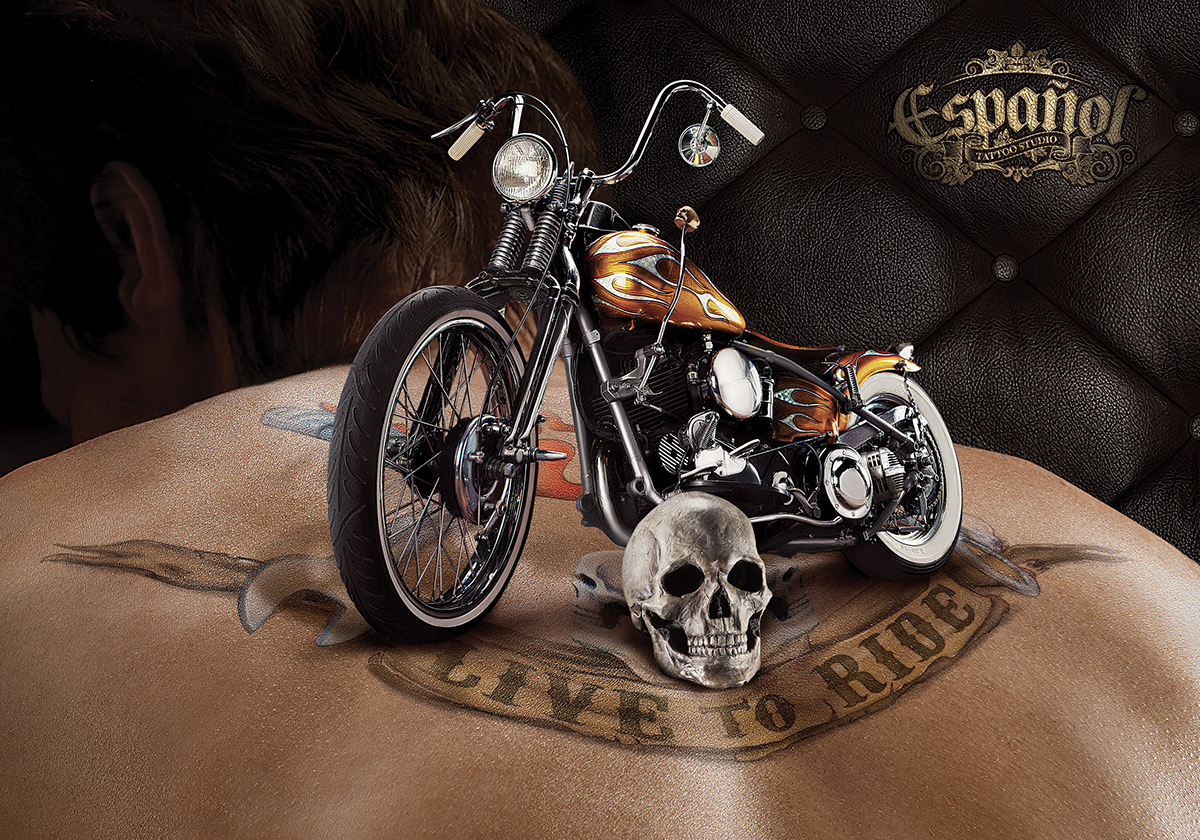 pin up motorcycle eagle tattoo tatuaje aguila motocicleta tattoo ad ink old school leather girl skull rose skin