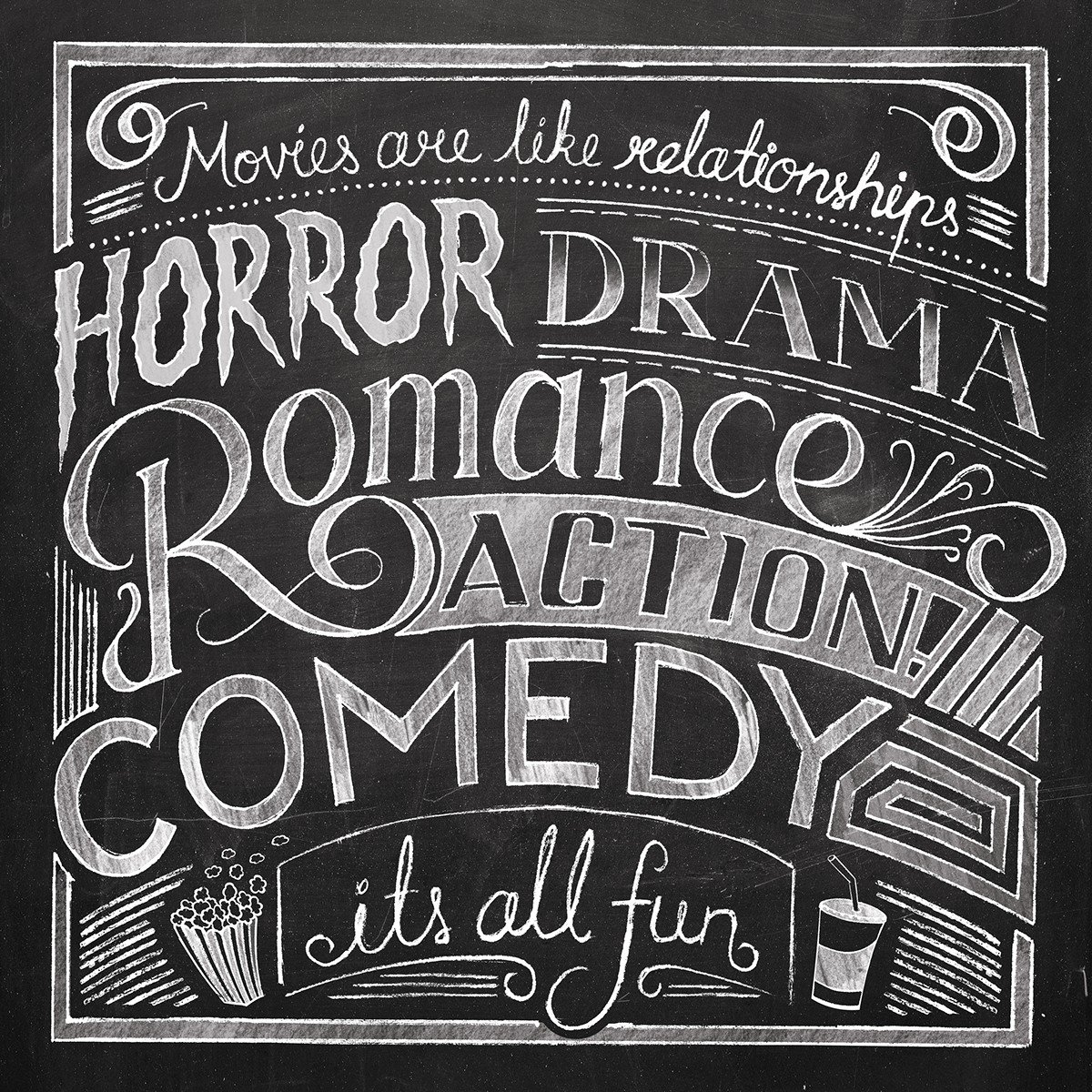 Fun Cinemas relationship Movies horror drama comedy  romance action Fun wall art Chalk art chalkboard Art