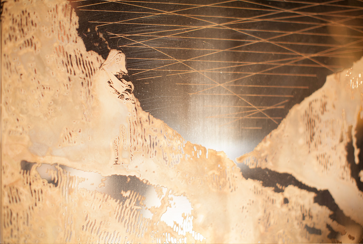 Grad Show 2014 chemical etching brass Giordano Bruno Mural frieze thesis risd Metaphysics