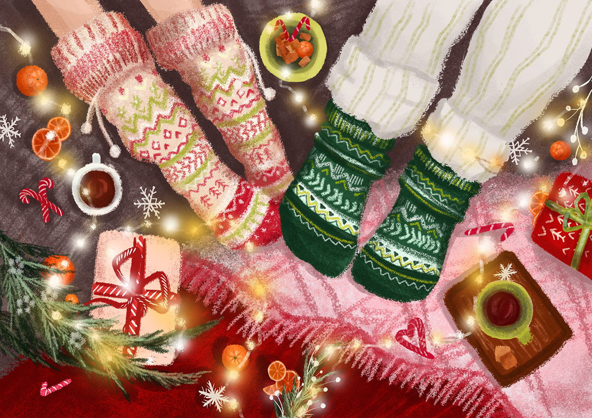 ILLUSTRATION  Illustrator Christmas legs art cozy design Evening postcard Presents