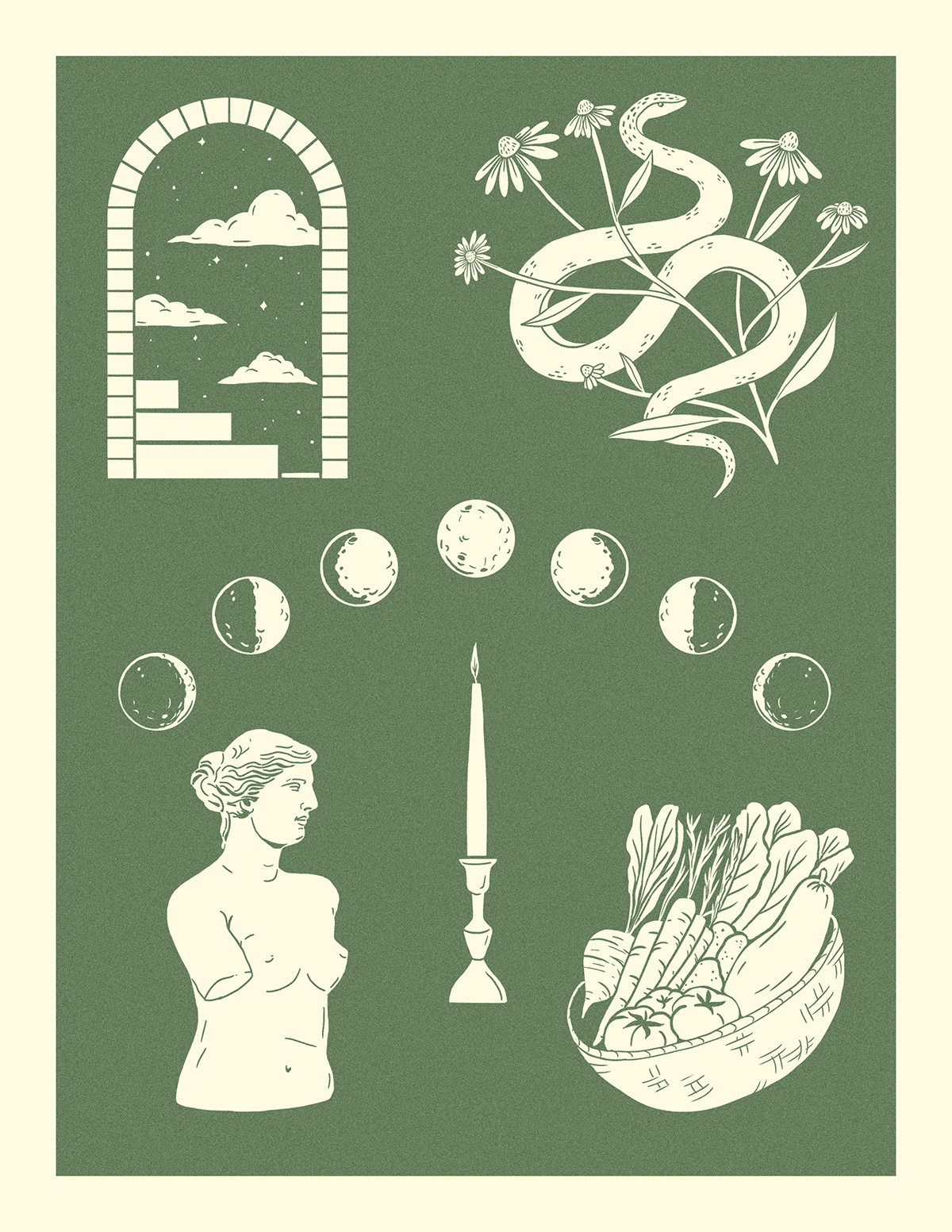 Aphrodite Editorial Illustration Flowers harvest ILLUSTRATION  mystical portal snake spot illustration moon phases