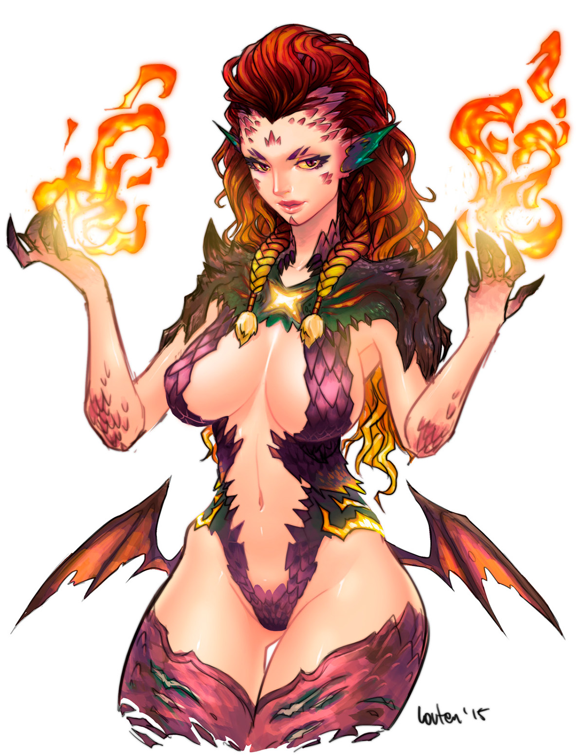 dragon girl scale fire long hair body anatomy