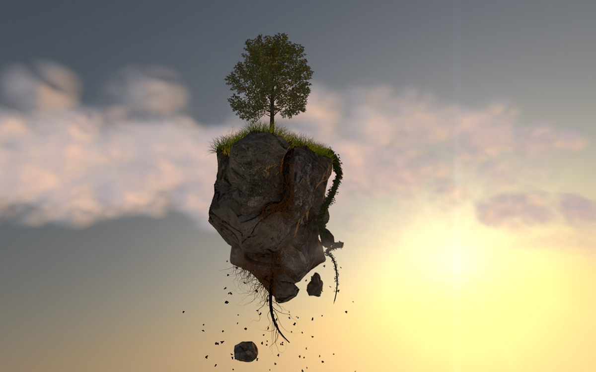 floating island 3D SKY rocks Tree  cinema 4d