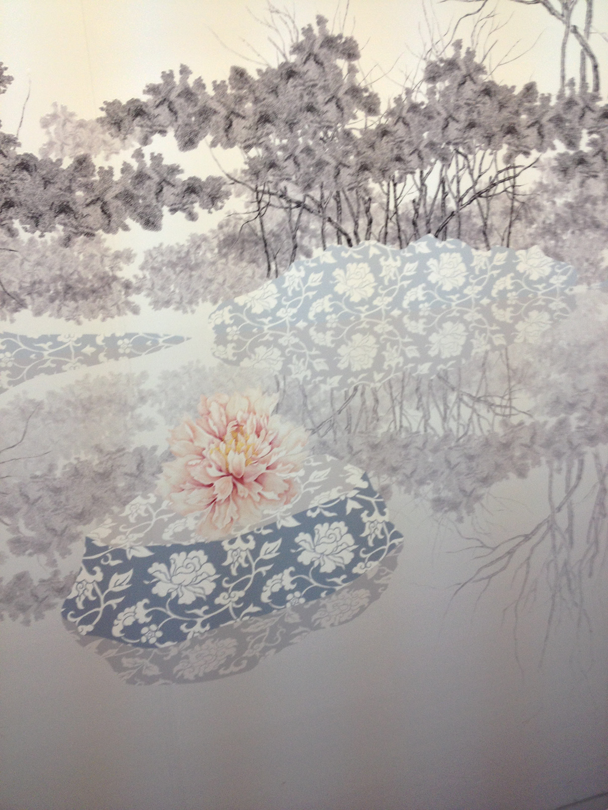 japan pencil acrylic flower elevator ink monochrome tranquility blue pink Tree  silence Plant pattern lake