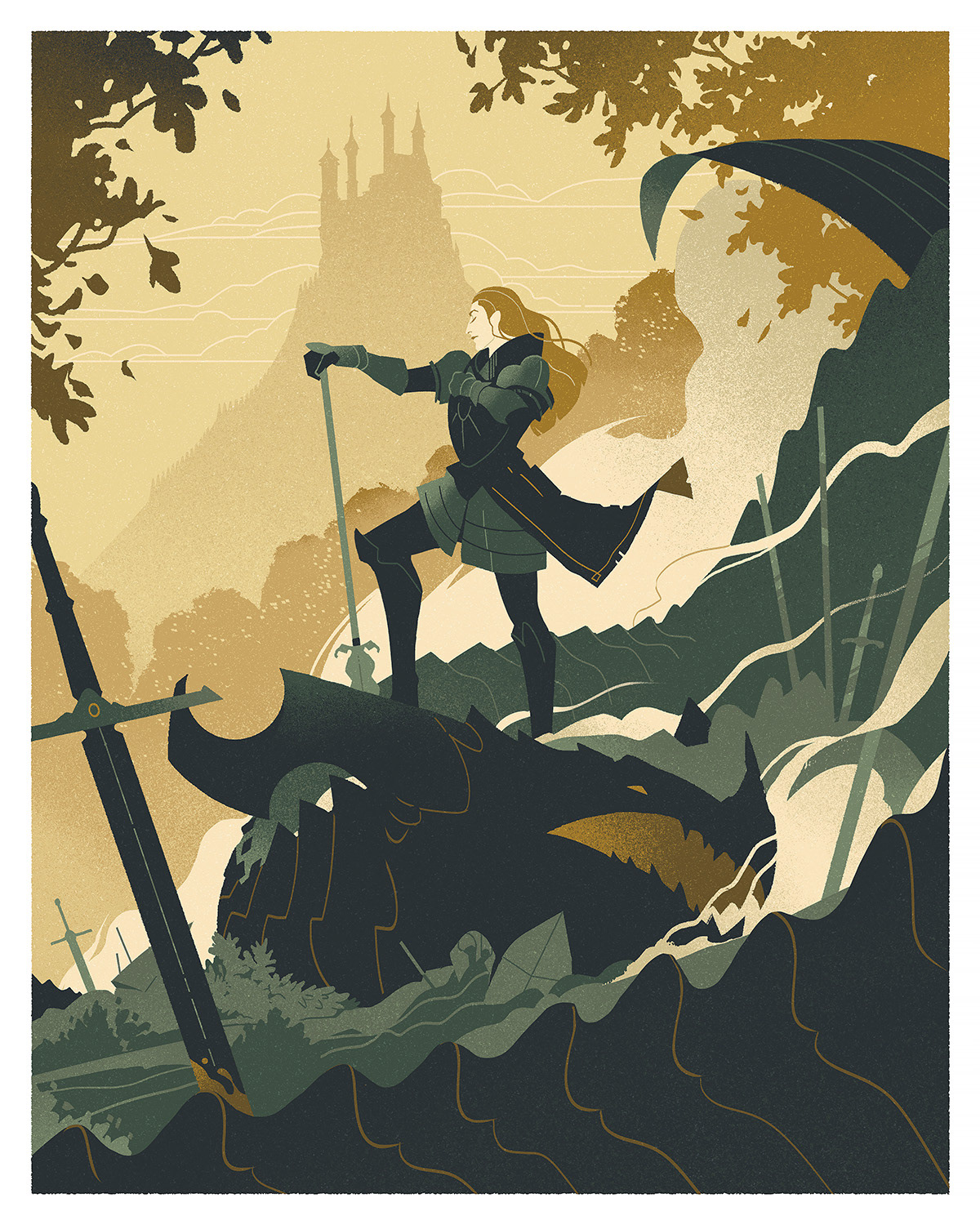 Castle dragon fairytale fantasy flat color green and gold knight