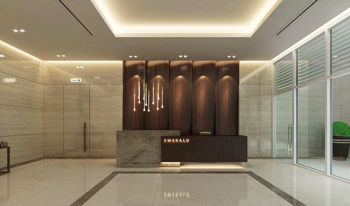 contemporary interior design modern entrance hall Lobby tower Reception Counter lift lobby corridor beige Travertine
