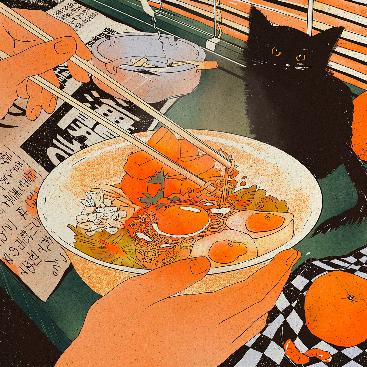Cat Digital Art  ILLUSTRATION  illustrations kitty lofi Procreate ramen vaporwave