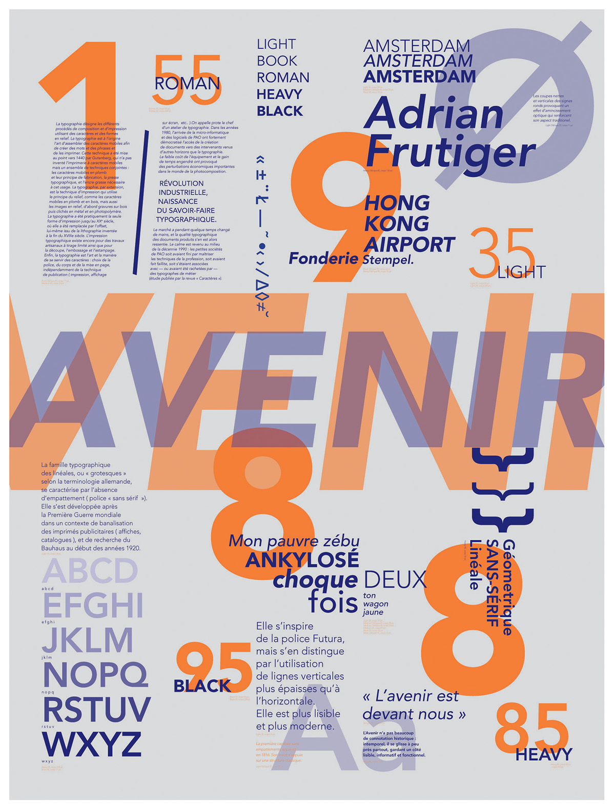 typo  Avenir specimen poster pantone colours orange blue