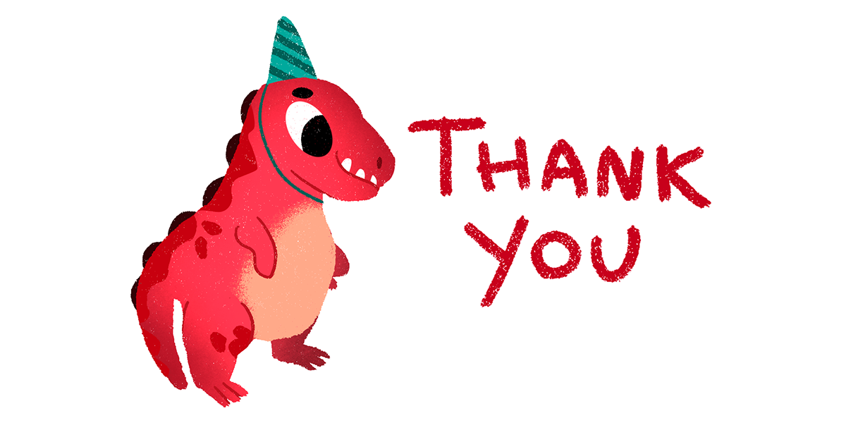 Dinossauro com chapéu de aniversario, olhando para texto escrito "thank you"