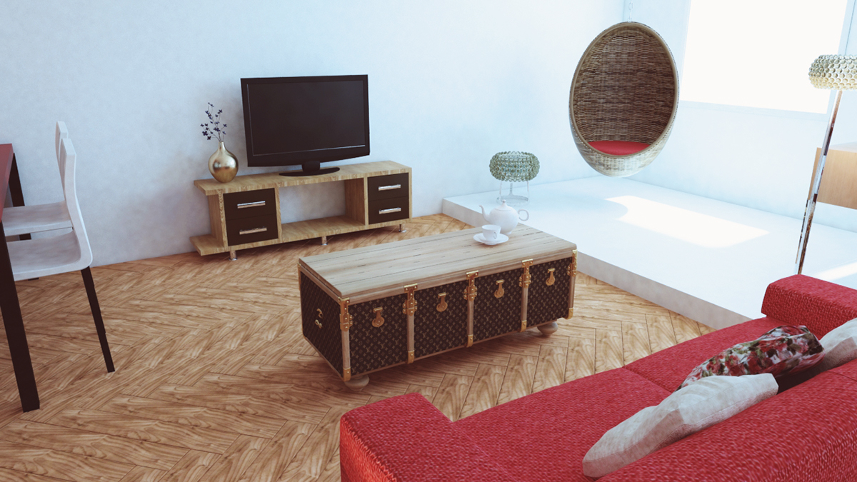 interiors design decor home decor mental ray Render kitchen living room Office Open Space contemporary minimal red interior designer