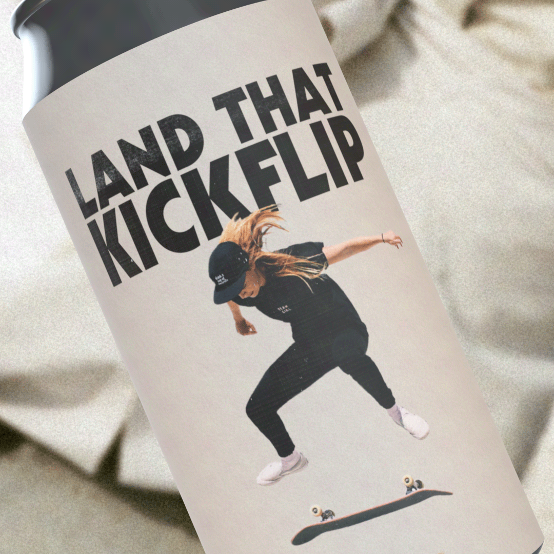 A beer can label with a skater
