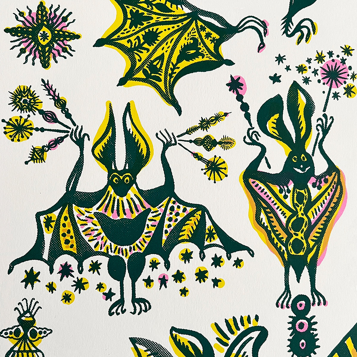 silkscreen print printmaking Bats Circus poster animal illustration Character design  pattern Magic  