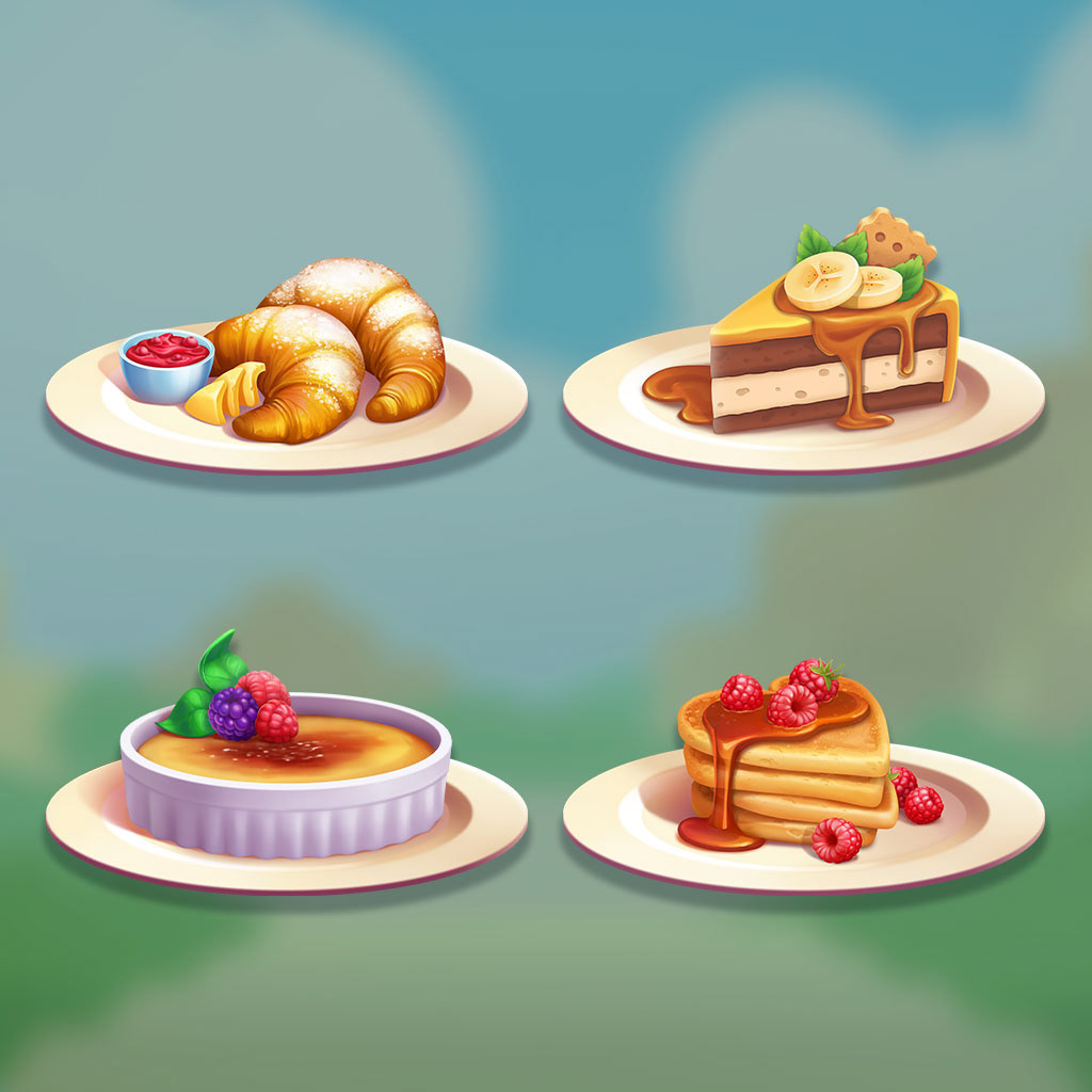 2D art food objects, casual games match 3