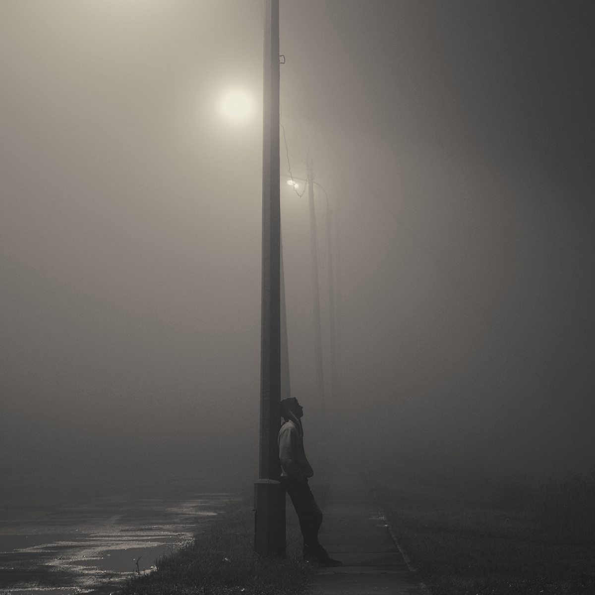 fog man alone road lantern summer