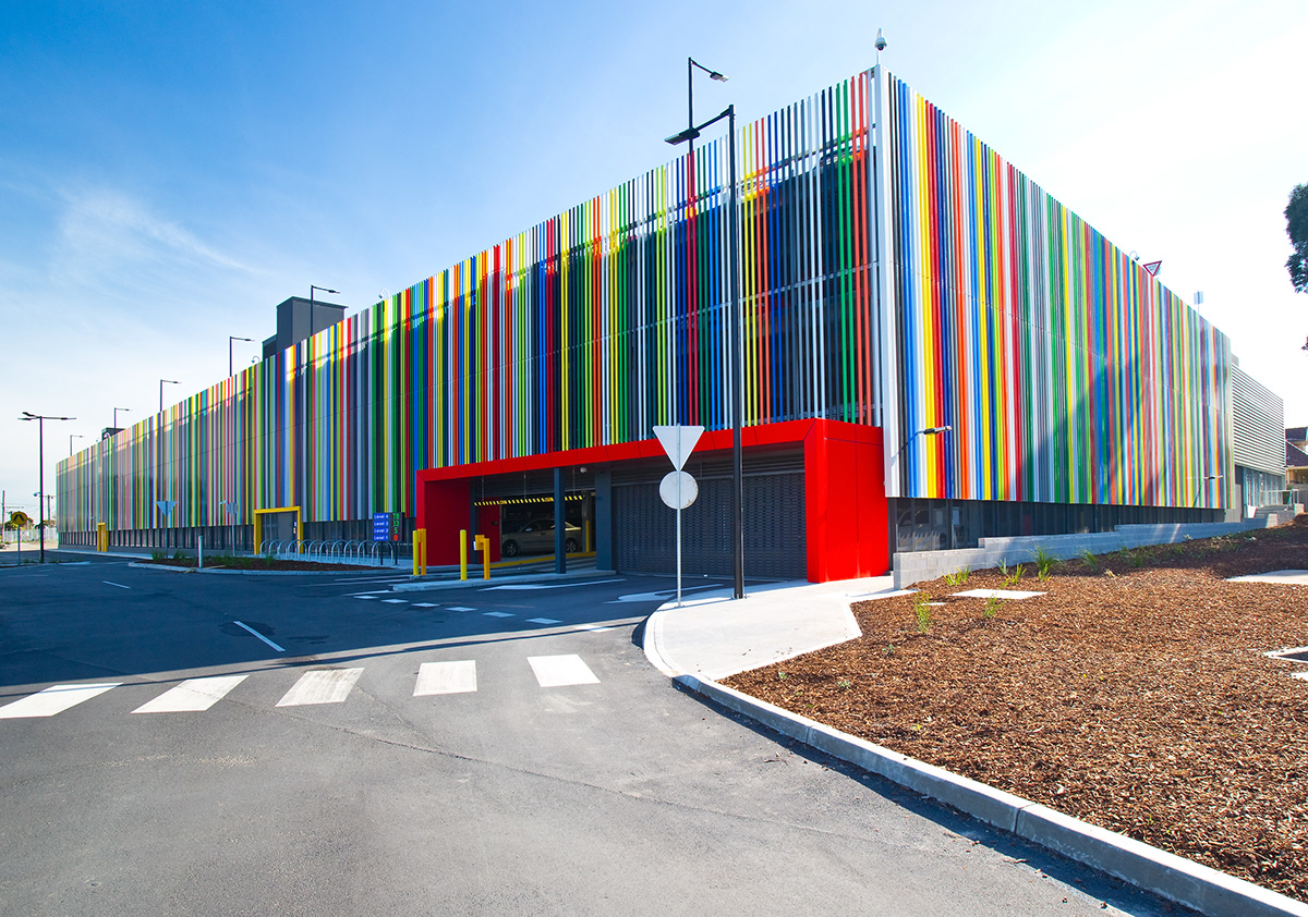 car colour Australia victoria Health building facade stripes car park bright colors design Vehicle city Urban