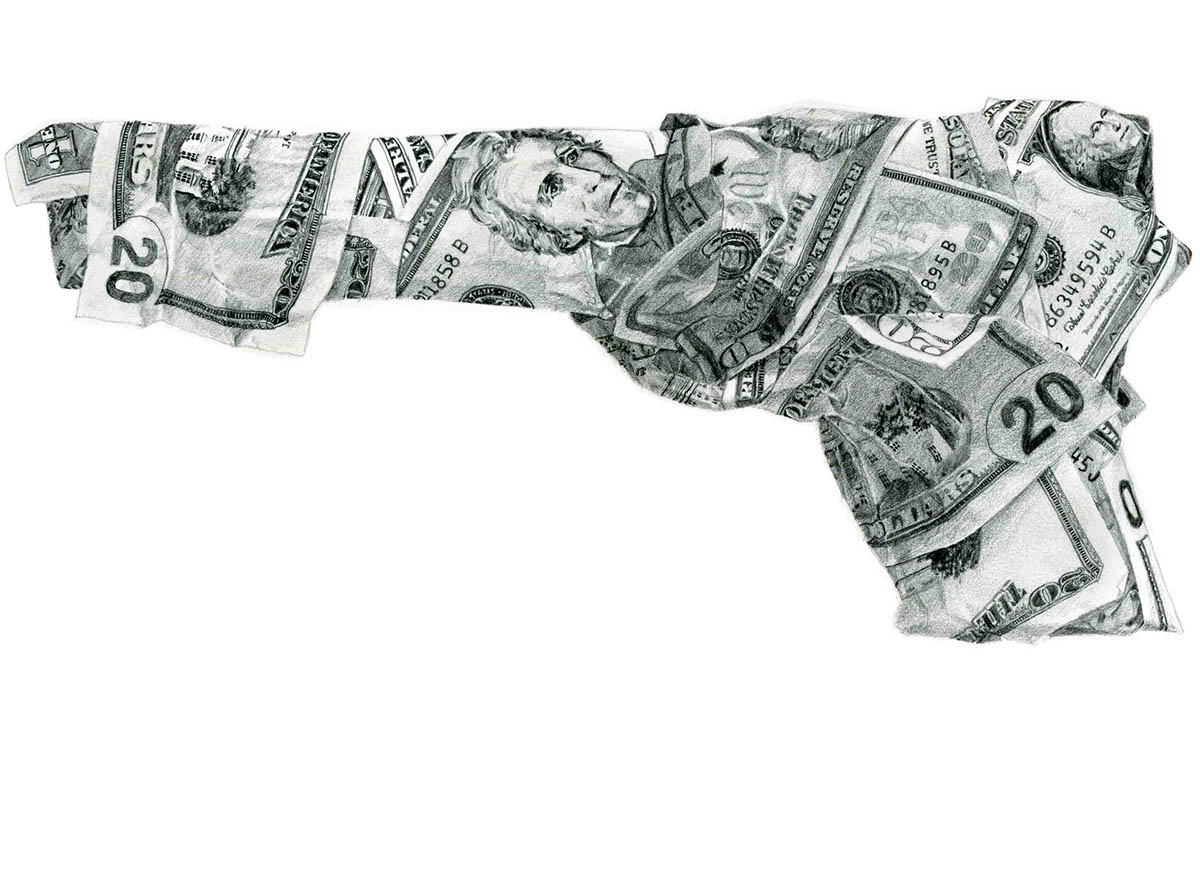 Gun bills money dollar pencil