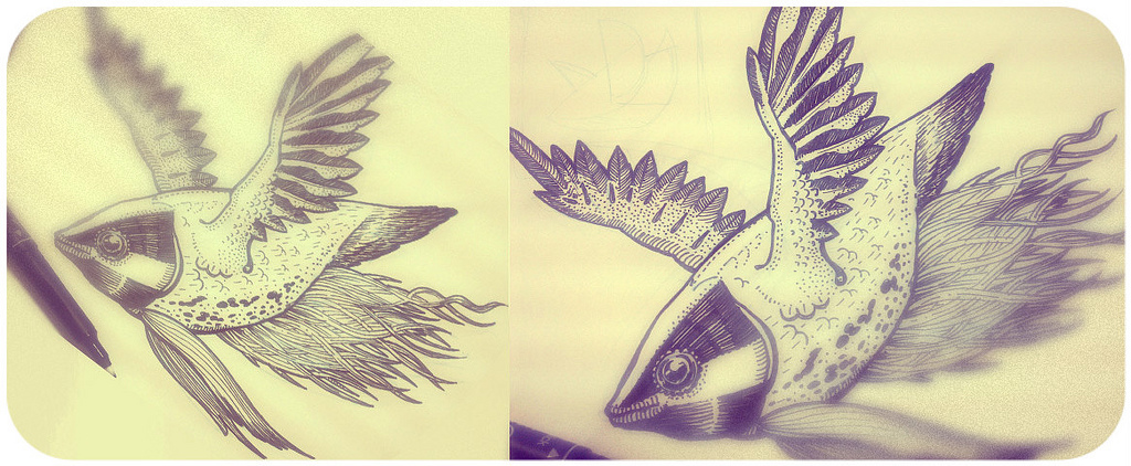 fish ink bird bluetit TIT Flying flying fish flight freedom Rotring tattoo design dotwork