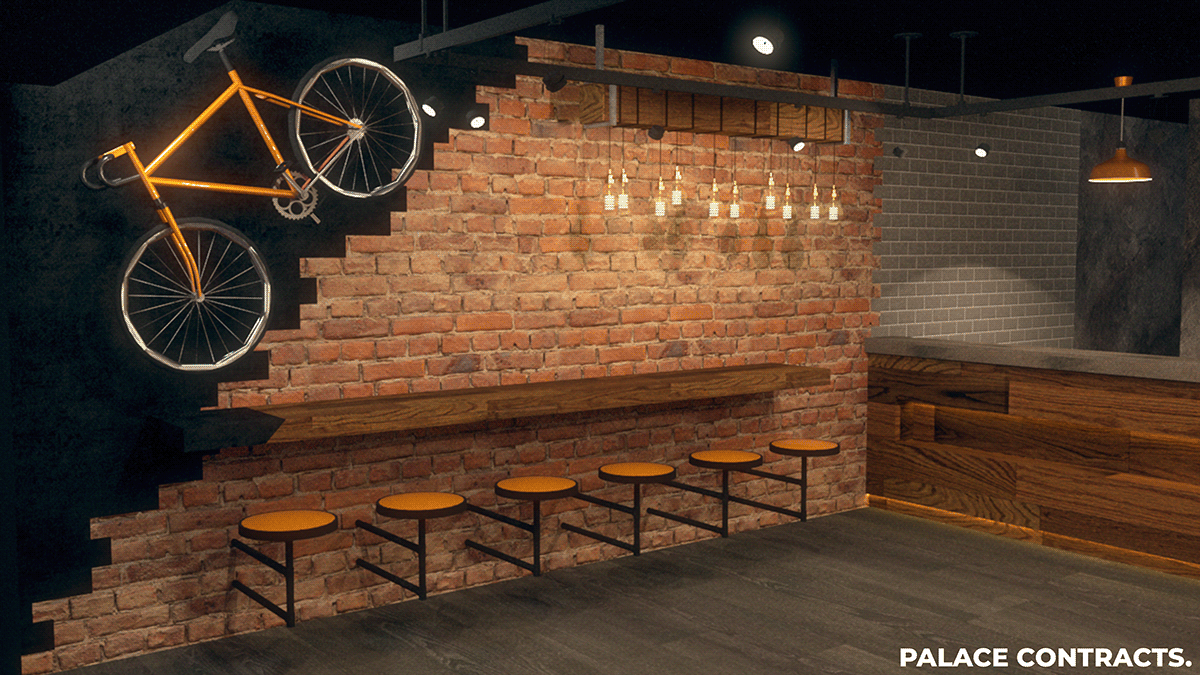 belgium chips Fast food interior design  orange restaurant rustic SketchUP vray wood