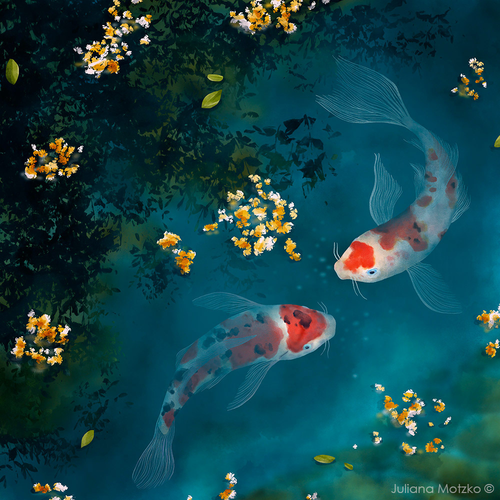 realistic painting   ILLUSTRATION  koi carps fish animal digital painting Digital Art  Fine Arts  Beautiful