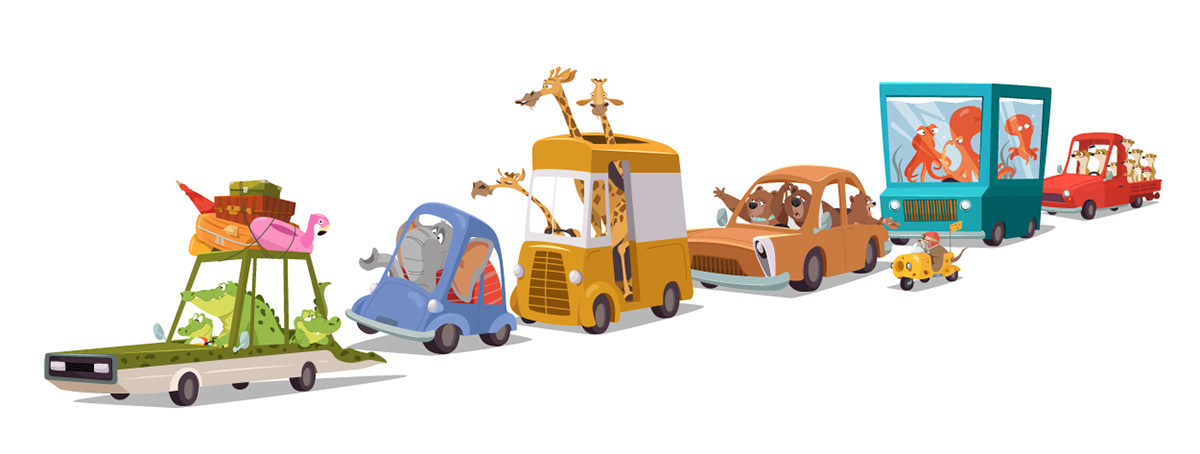 animals Cars Character design  Children's Books cute ILLUSTRATION  Preschool RoadTrip vacation vector