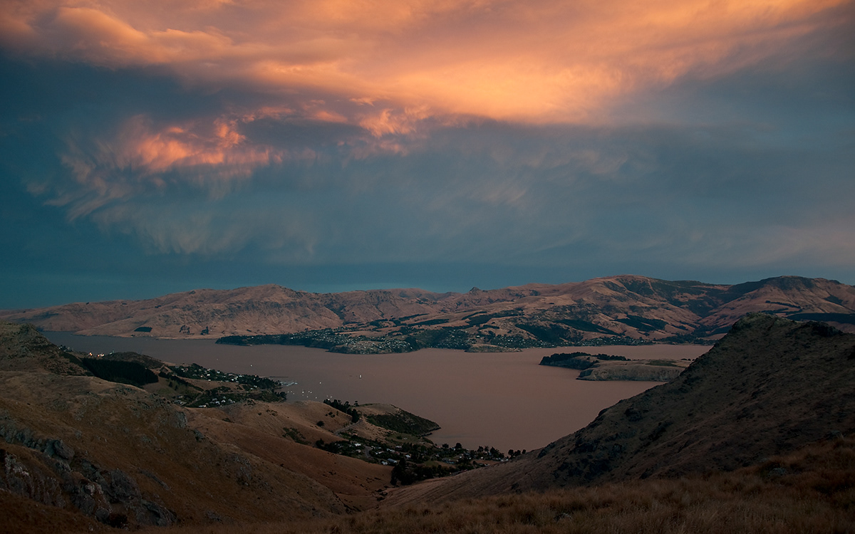 sunset light clouds hills Christchurch New Zealand