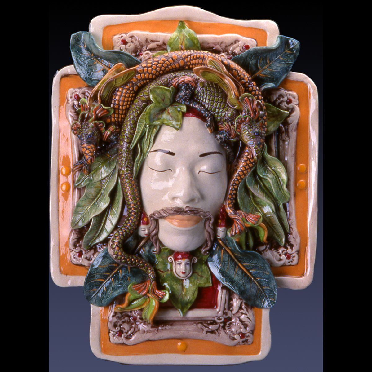 ceramic  masks jillian barber barber  jillian shigeru rahula  Tibetan green man fountain