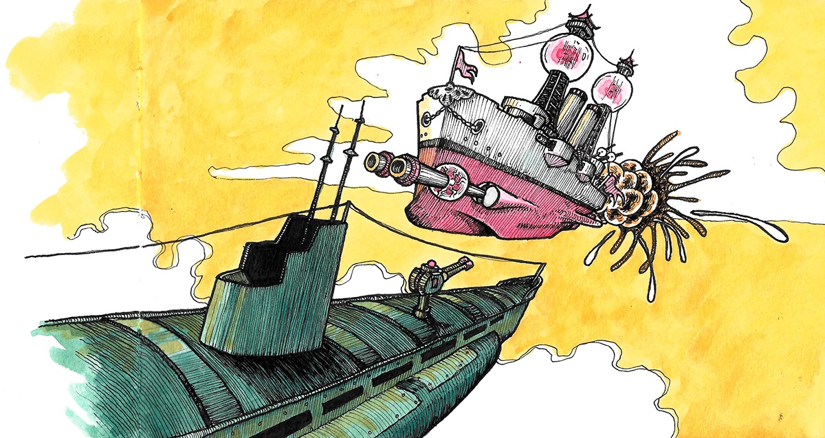 ship submarine fantasy Flying explosion clouds narrative surreal