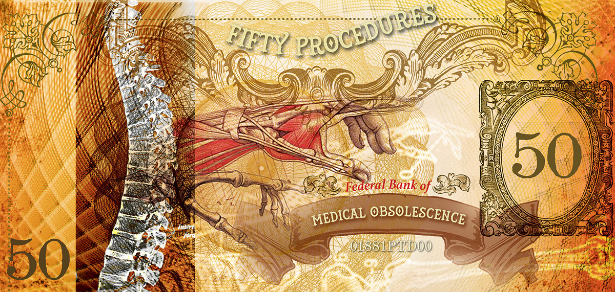 currency banknotes money cartouche Victorian medical dental tools anatomy diagram color decorative ornamental procedures bones