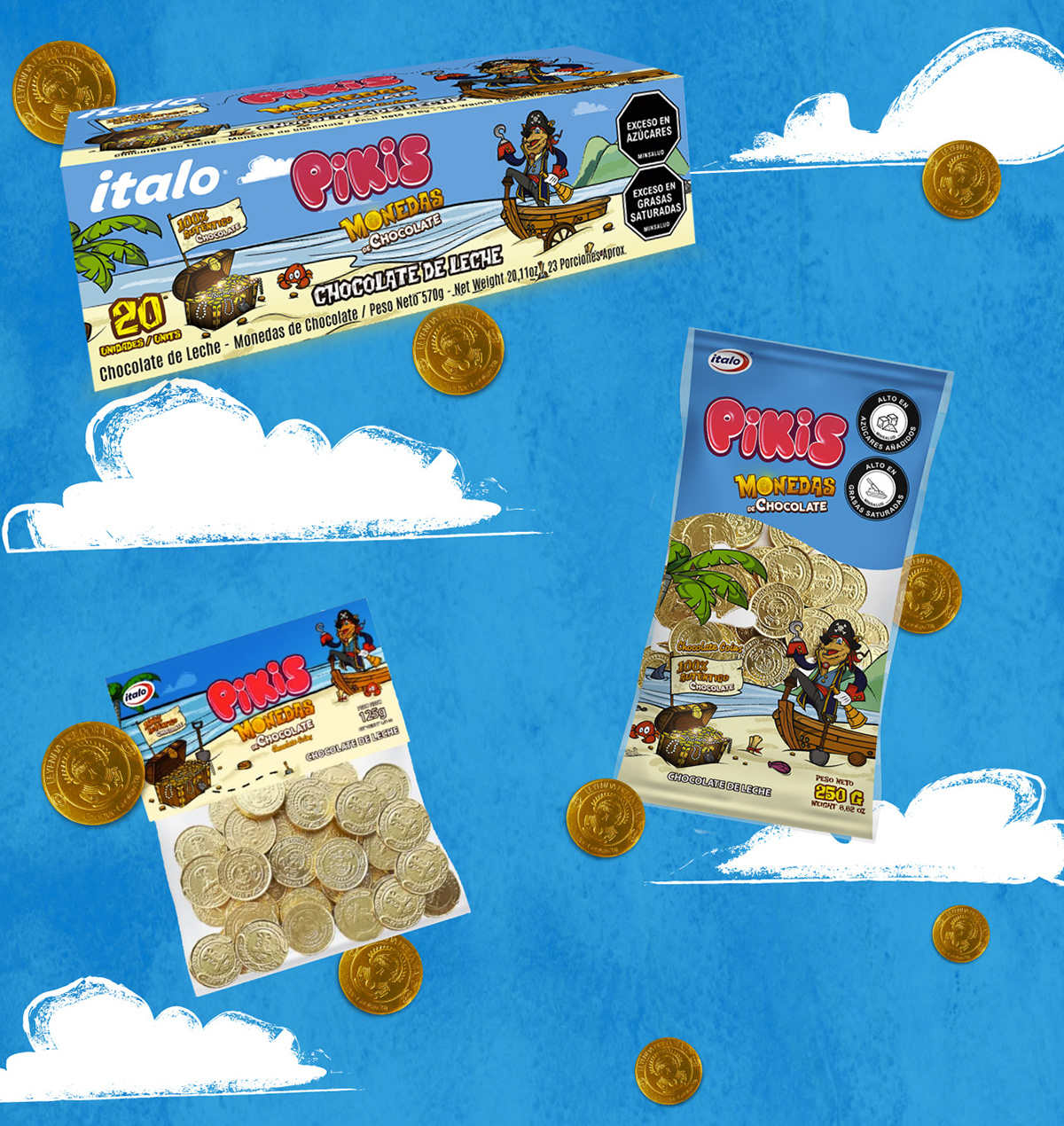italo ILLUSTRATION  Character design  packing Packing Design product pirates cartoon monedas monedas de chocolate