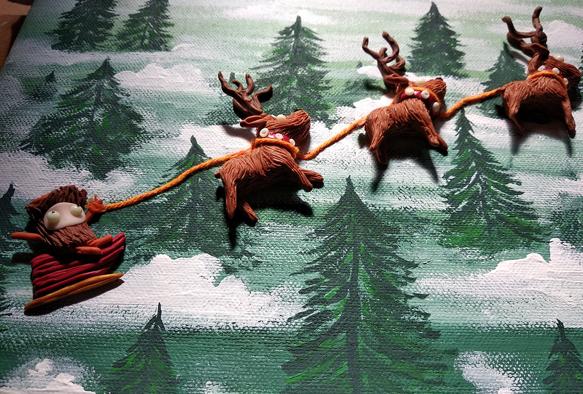 reindeer Christmas Tree  forest acrylic on canvas Plasticine polymer clay fimo pinetrees Sledding
