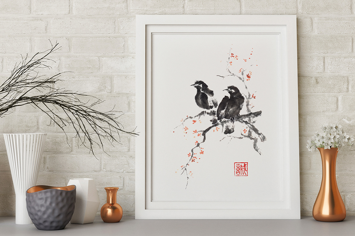 ink painting   Sumi-e japanese art brush fine bird sakura oriental