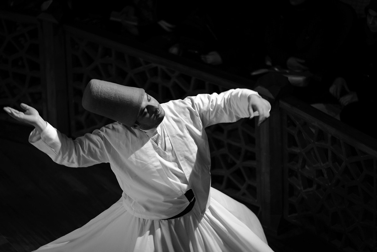 Dervish whirling Sema devotion black and white Turkey Konya sufi Sufism meditation