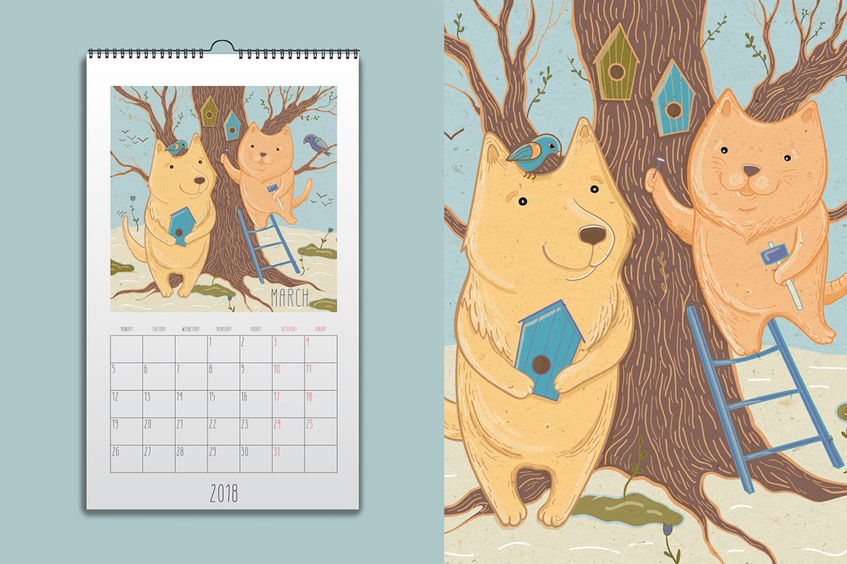 vector ILLUSTRATION  graphic design  calendar dog Cat story Picture book vector illustrations art
