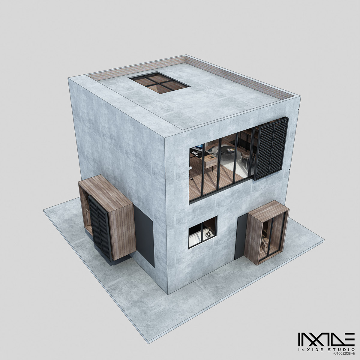 Interior design anwaraljufrey kotak haus 3D visual rendering concept rustic raw compact living freelancer house residential