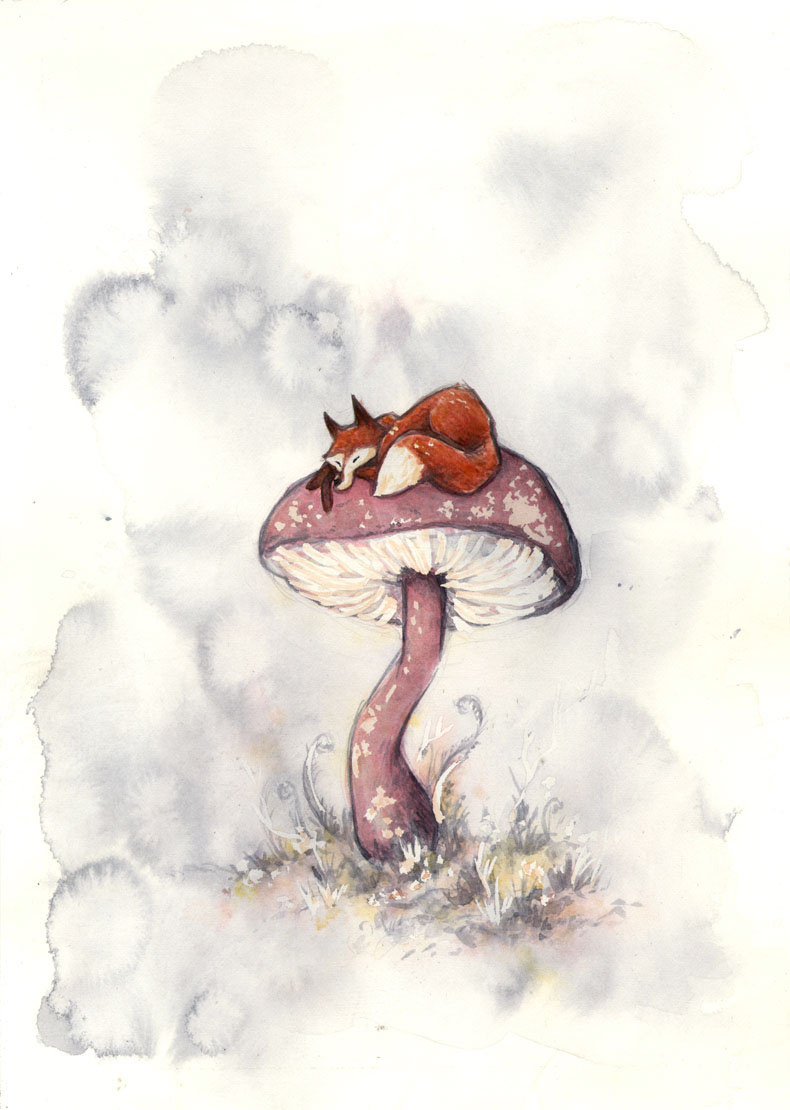 FOX  mushroom watercolor