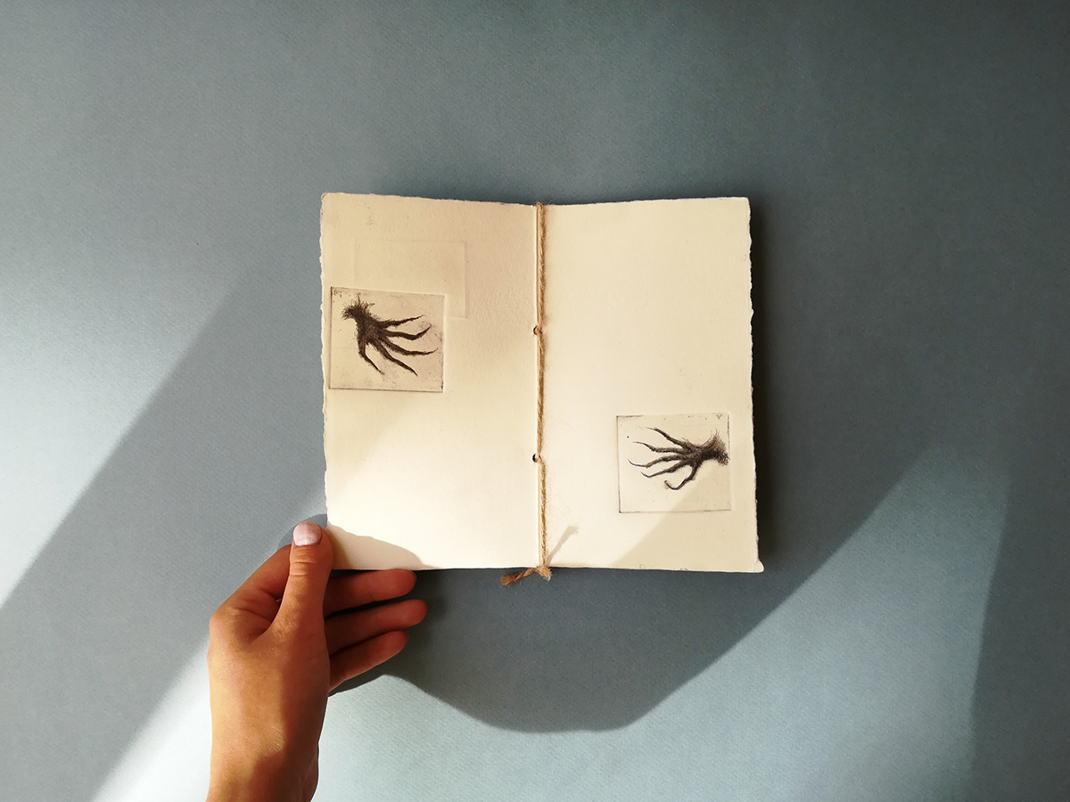 artist book etching intaglio hands letterpress black pastel