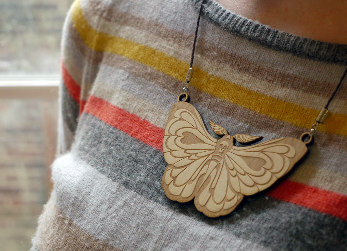 wood Laser-Cut Necklace pins Rachel Suggs Flowers floral sphinx cherub moth butterfly