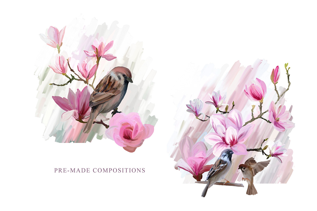 bird digital illustration digitalpainting Drawing  flower Flowers magnolia Nature painting   sparrow