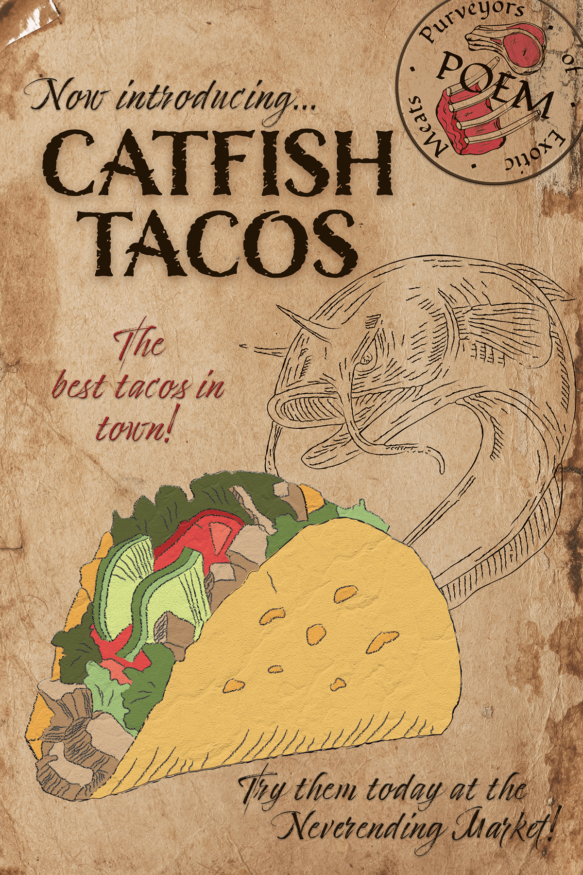 catfish handwriting font Illustrator parchment photoshop poster Poster Design sketch Tacos typography  