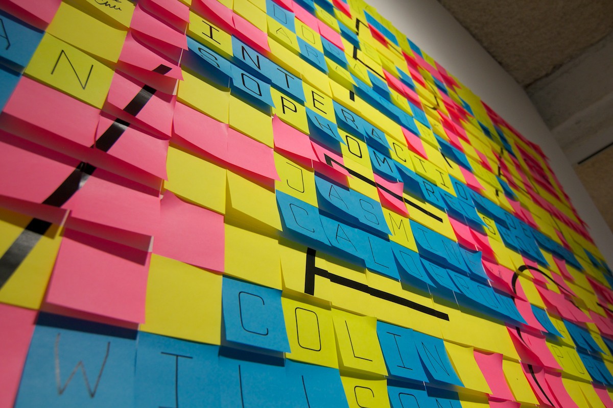sticky notes IxD cca installation collage pixelate pixel qrcode post it notes paper grid type