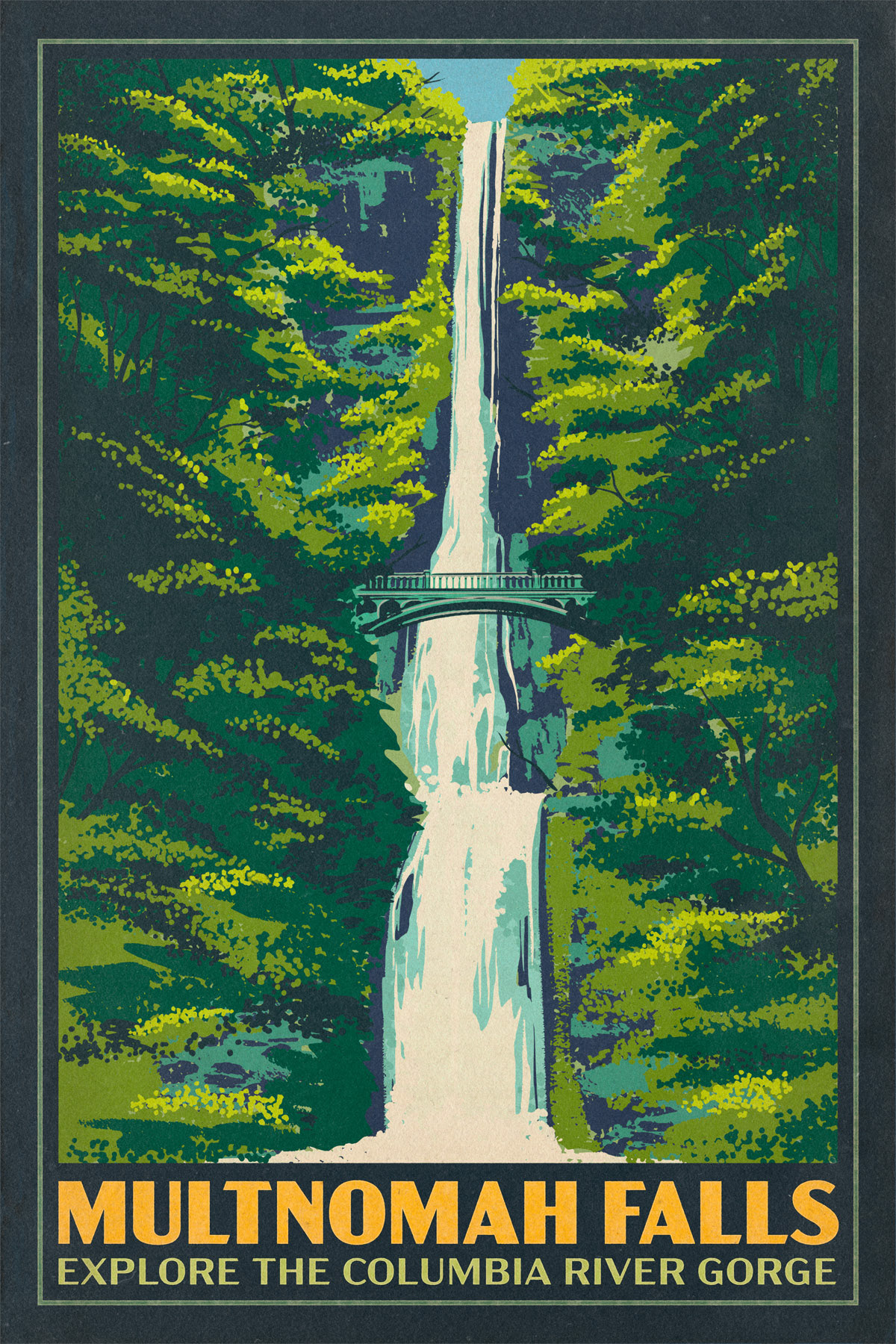 columbia ILLUSTRATION  Landscape Oregon Portland poster print river waterfall wpa